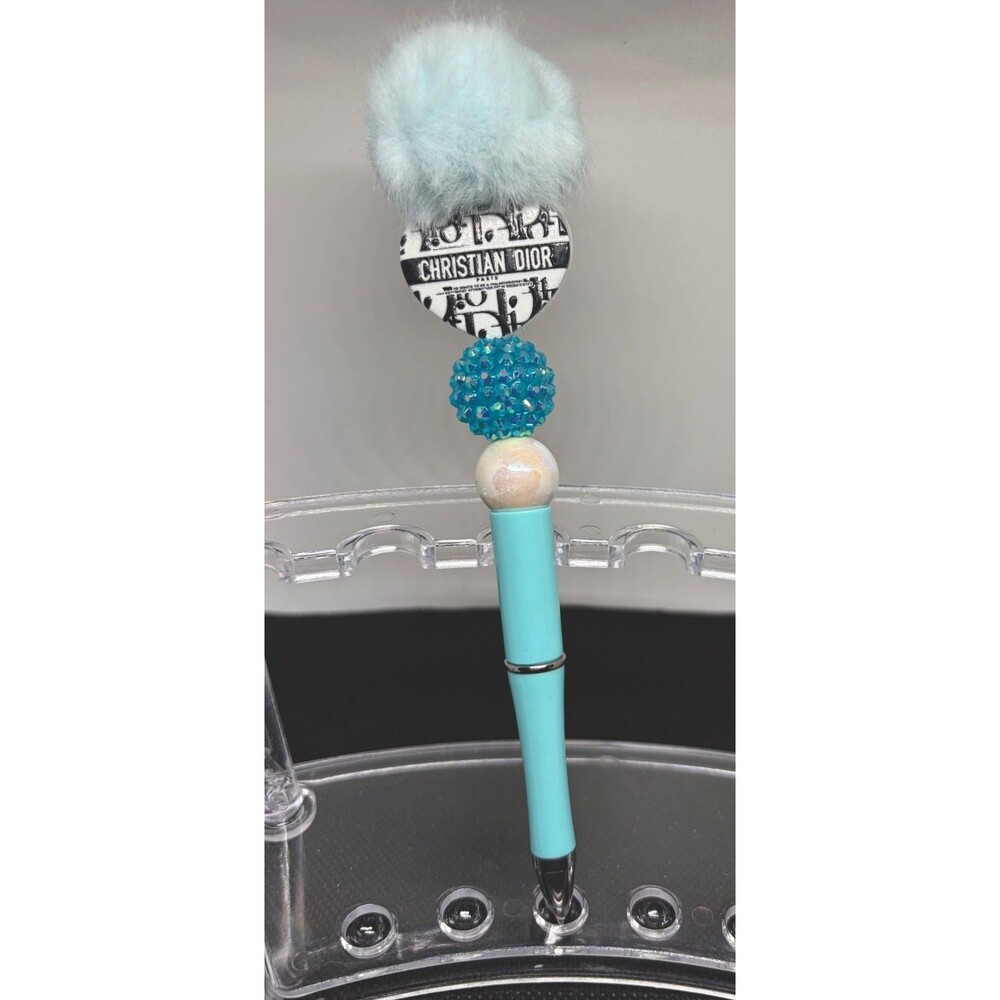 Handmade Decorative Ballpoint Pen Light Blue Pom Pom Beaded Chrome Black Ink